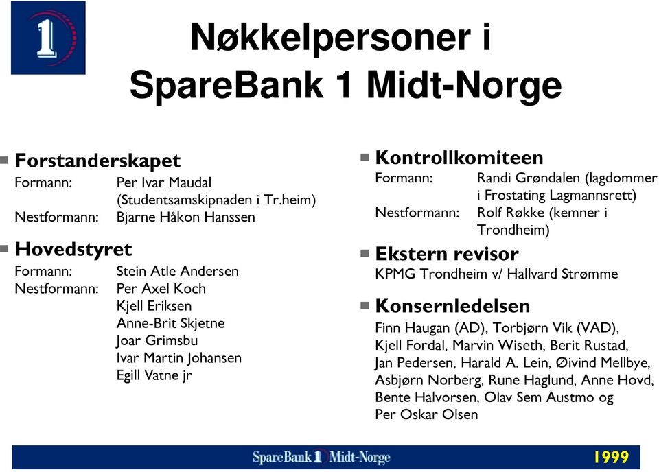 Nestformann: Randi Grøndalen (lagdommer i Frostating Lagmannsrett) Rolf Røkke (kemner i Trondheim) Ekstern revisor KPMG Trondheim v/ Hallvard Strømme Konsernledelsen Finn Haugan