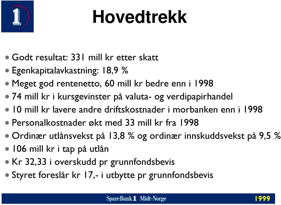 enn i 1998 Personalkostnader økt med 33 mill kr fra 1998 Ordinær utlånsvekst på 13,8 % og ordinær innskuddsvekst på 9,5