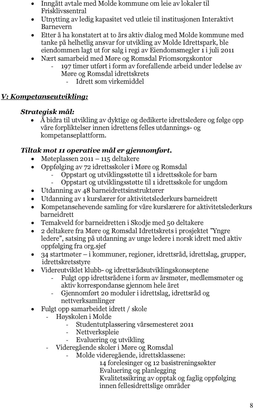Friomsorgskontor - 197 timer utført i form av forefallende arbeid under ledelse av Møre og Romsdal idrettskrets - Idrett som virkemiddel V: Kompetanseutvikling: Strategisk mål: Å bidra til utvikling