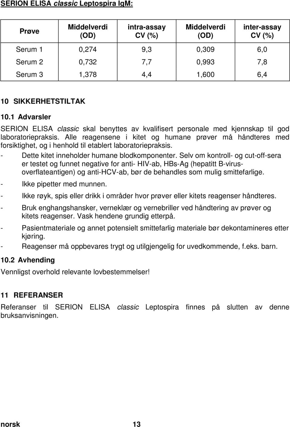 doc @ 59093 @ 1 SERION ELISA classic Leptospira IgM: Prøve Middelverdi (OD) intra-assay CV (%) Middelverdi (OD) inter-assay CV (%) Serum 1 0,274 9,3 0,309 6,0 Serum 2 0,732 7,7 0,993 7,8 Serum 3