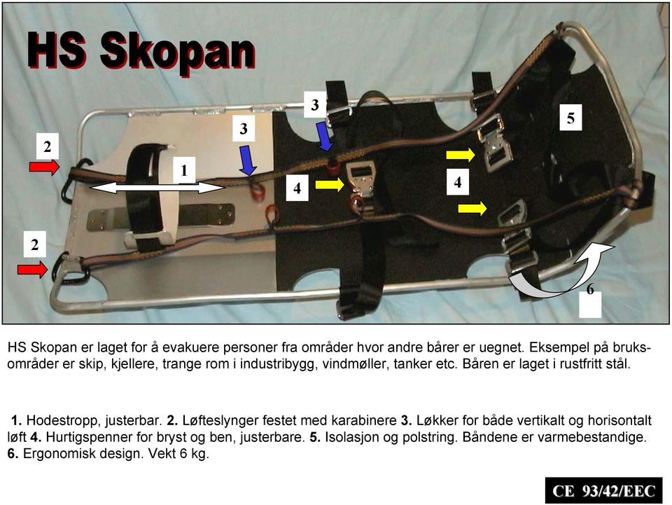 Båren er laget i rustfritt stål. 1. Hodestropp, justerbar. 2. Løfteslynger festet med karabinere 3.