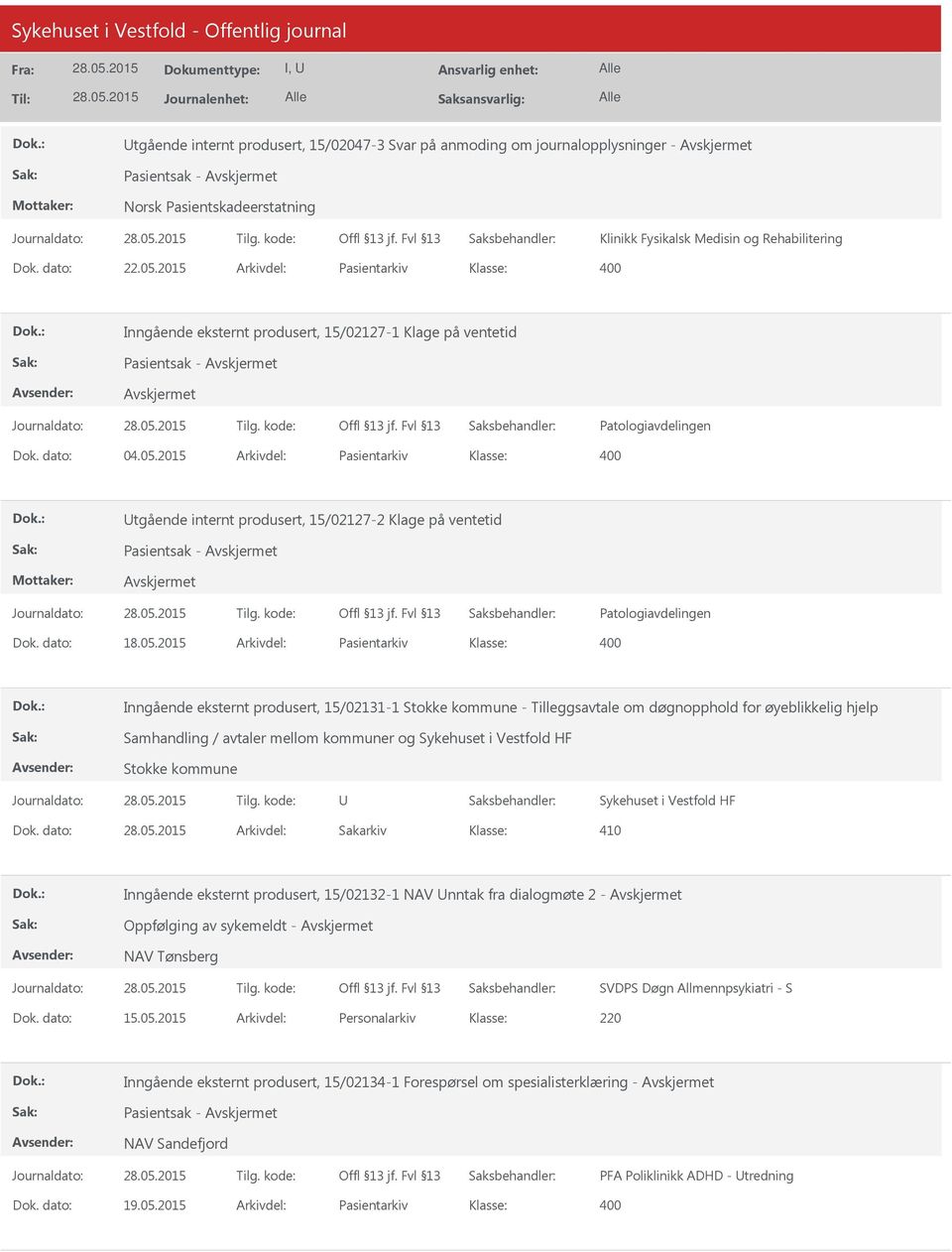 2015 Arkivdel: Pasientarkiv Klasse: Utgående internt produsert, 15/02127-2 Klage på ventetid Pasientsak - Patologiavdelingen Dok. dato: 18.05.