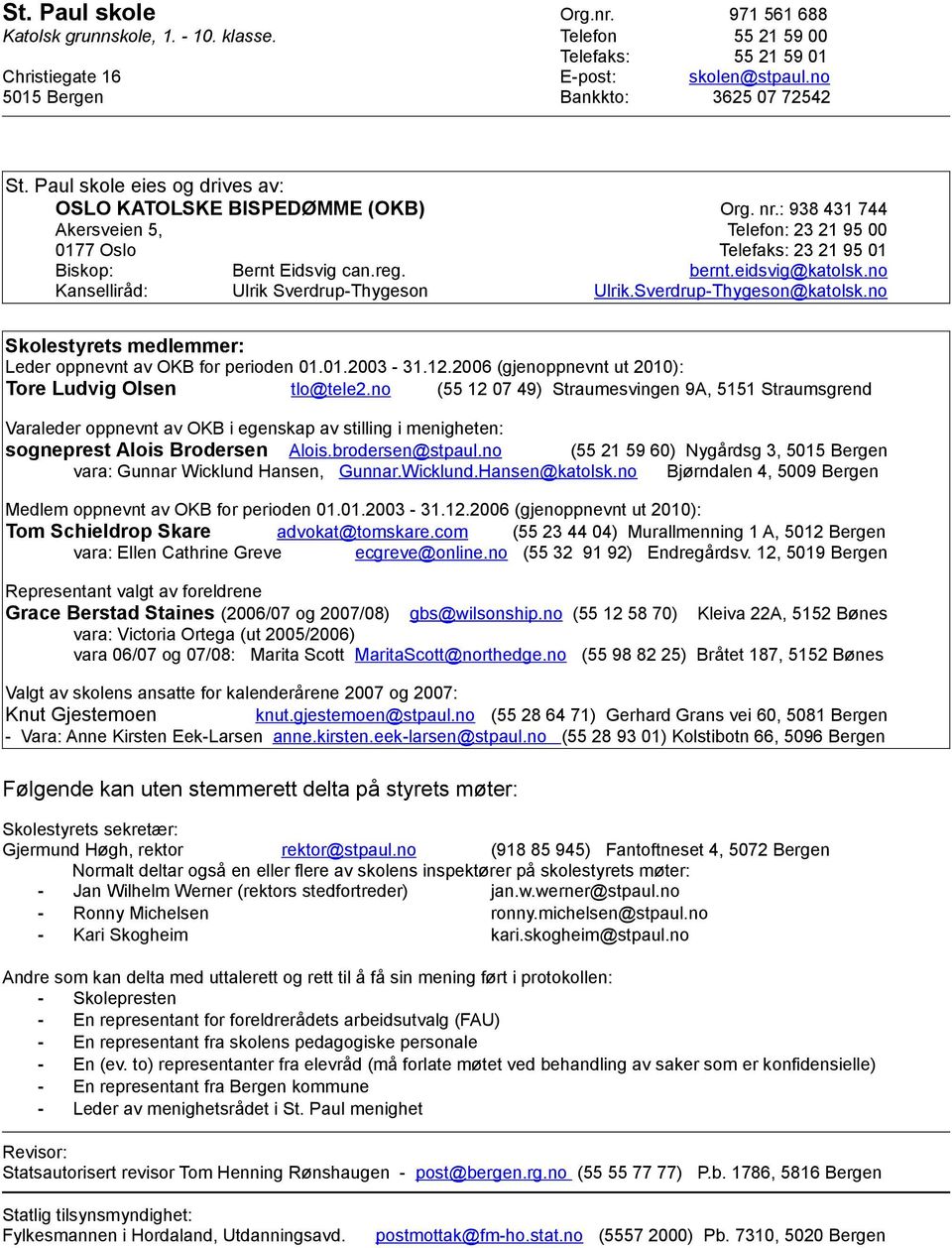 eidsvig@katolsk.no Kanselliråd: Ulrik Sverdrup-Thygeson Ulrik.Sverdrup-Thygeson@katolsk.no Skolestyrets medlemmer: Leder oppnevnt av OKB for perioden 01.01.2003-31.12.