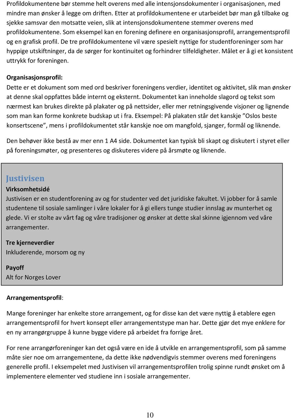 Som eksempel kan en forening definere en organisasjonsprofil, arrangementsprofil og en grafisk profil.