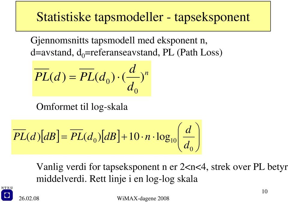 ) d Omformet til log-skala [ db] = PL( d [ ] + 0) db 10 n log 10 d0 0 n Vanlig verdi