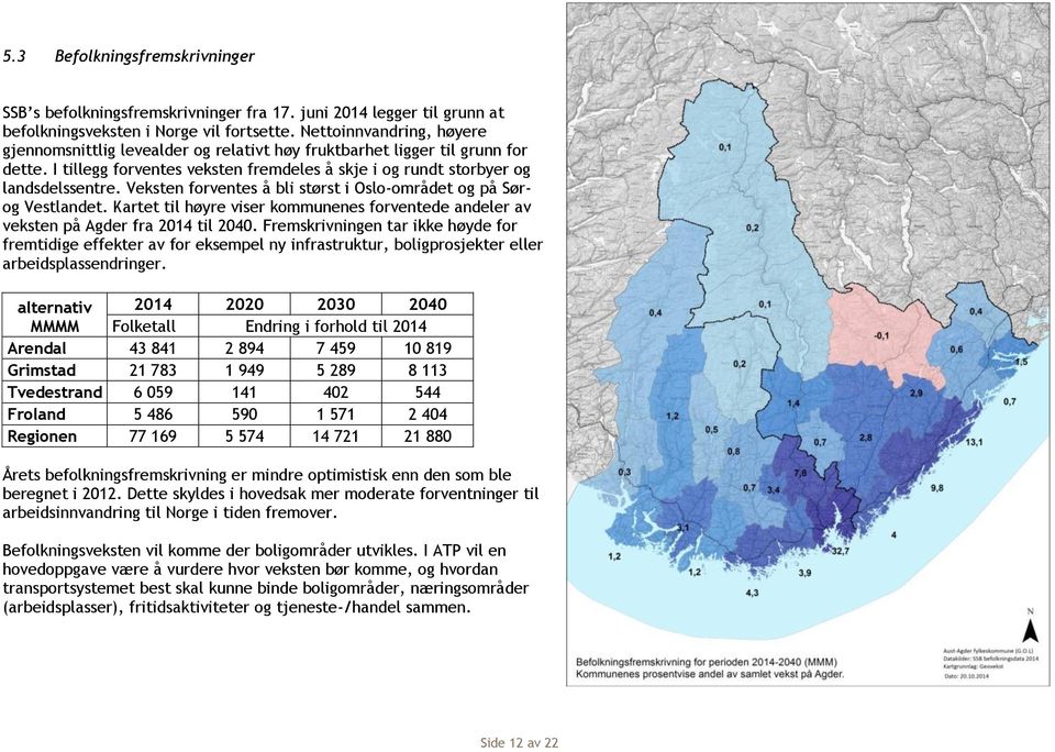 Veksten forventes å bli størst i Oslo-området og på Sørog Vestlandet. Kartet til høyre viser kommunenes forventede andeler av veksten på Agder fra 2014 til 2040.