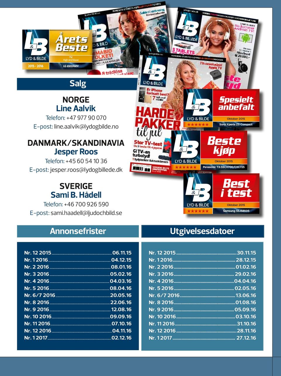 dk LYD & BILDE ssssss LYD & BILDE ssssss Oktober 2015 Sony Xperia Z5 Compact Beste kjøp Oktober 2015 Panasonic TX-55CX700/CXC725 SVERIGE Sami B. Hådell Telefon: +46 700 926 590 E-post: sami.