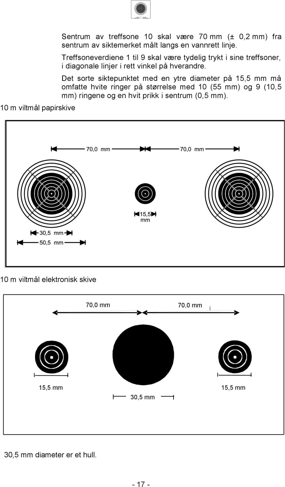 Det sorte siktepunktet med en ytre diameter på, mm må omfatte hvite ringer på størrelse med 0 ( mm) og 9 (0, mm) ringene og en