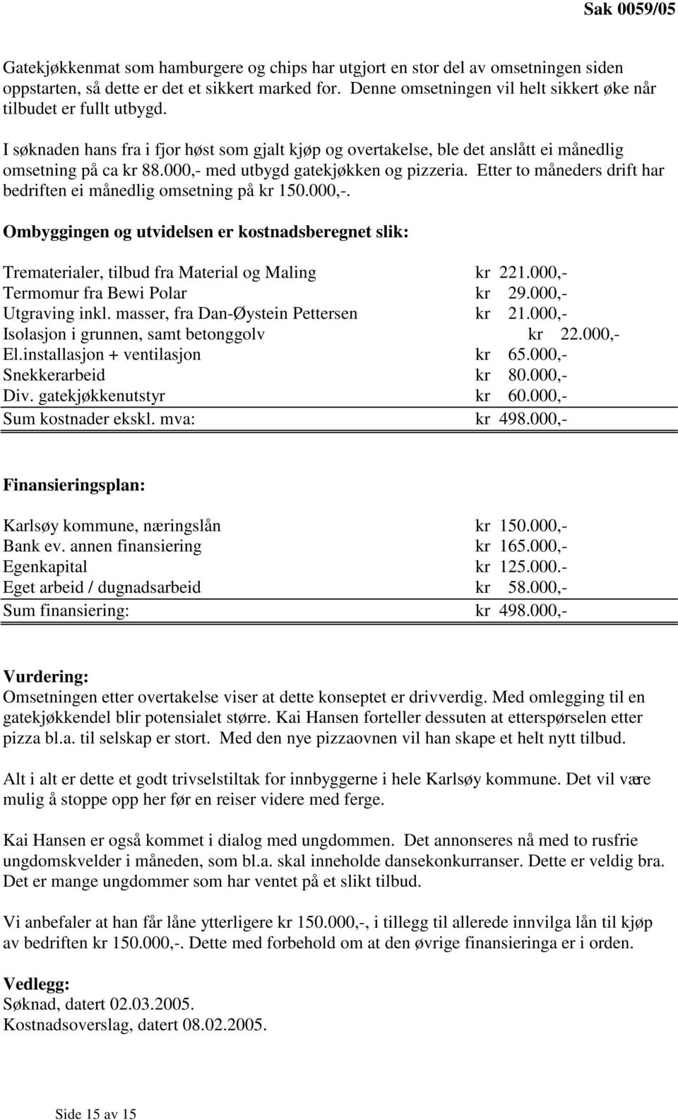 000,- med utbygd gatekjøkken og pizzeria. Etter to måneders drift har bedriften ei månedlig omsetning på kr 150.000,-. Ombyggingen og utvidelsen er kostnadsberegnet slik: Trematerialer, tilbud fra Material og Maling kr 221.