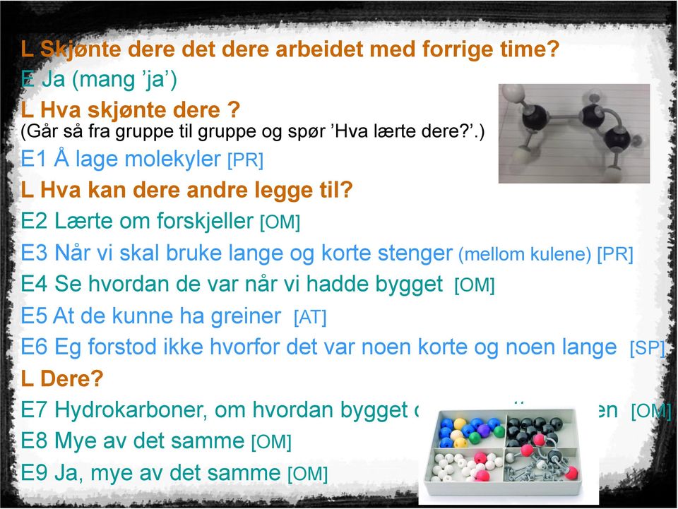 E2 Lærte om forskjeller [OM] E3 Når vi skal bruke lange og korte stenger (mellom kulene) [PR] E4 Se hvordan de var når vi hadde bygget [OM]