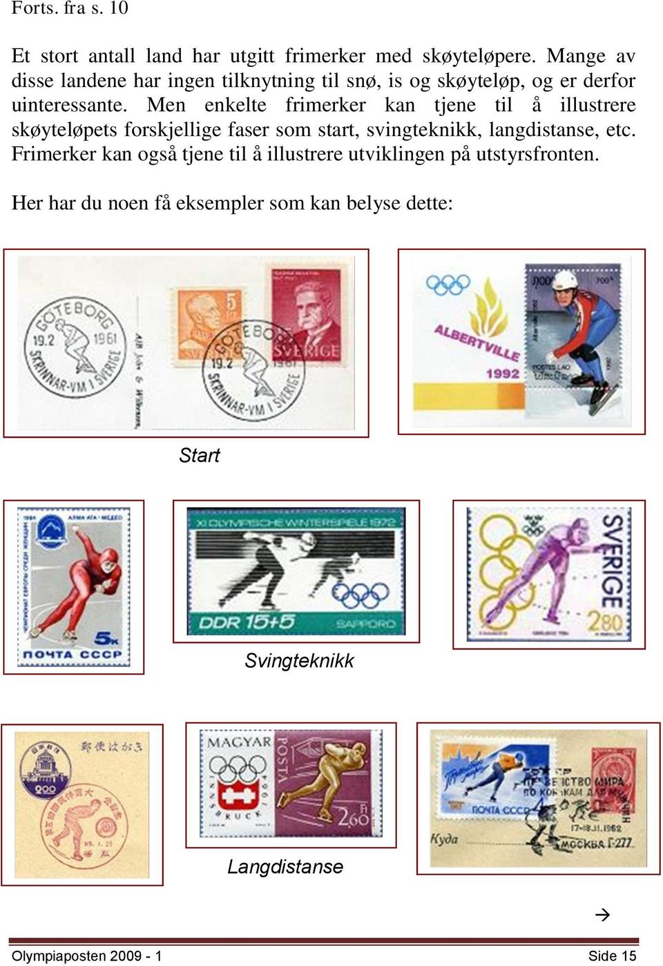 Men enkelte frimerker kan tjene til å illustrere skøyteløpets forskjellige faser som start, svingteknikk, langdistanse,