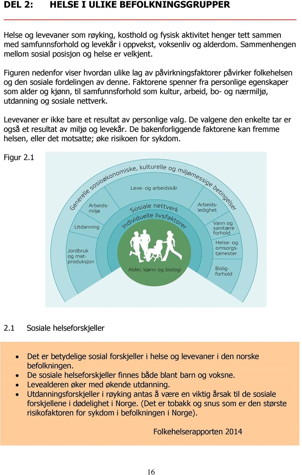 Faktorene spenner fra personlige egenskaper som alder og kjønn, til samfunnsforhold som kultur, arbeid, bo- og nærmiljø, utdanning og sosiale nettverk.