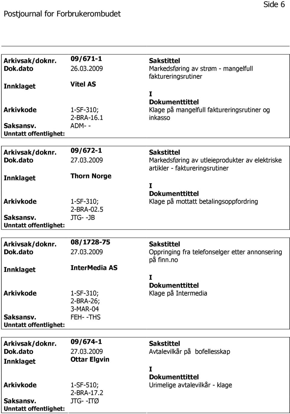 2009 Markedsføring av utleieprodukter av elektriske artikler - faktureringsrutiner nnklaget Thorn Norge 1-SF-310; 2-BRA-02.5 Klage på mottatt betalingsoppfordring JTG- -JB Arkivsak/doknr.