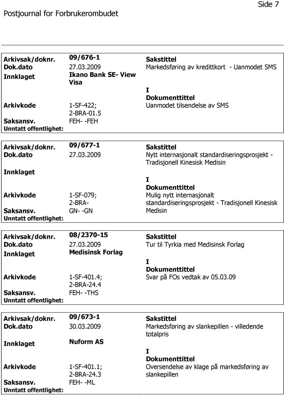 2009 Nytt internasjonalt standardiseringsprosjekt - Tradisjonell Kinesisk Medisin nnklaget 1-SF-079; 2-BRA- GN- -GN Mulig nytt internasjonalt standardiseringsprosjekt - Tradisjonell Kinesisk Medisin