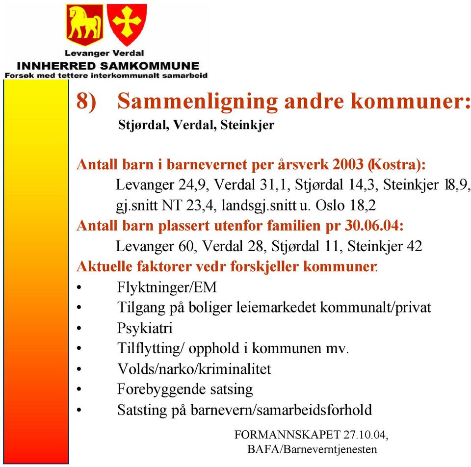 04: Levanger 60, Verdal 28, Stjørdal 11, Steinkjer 42 Aktuelle faktorer vedr forskjeller kommuner: Flyktninger/EM Tilgang på boliger