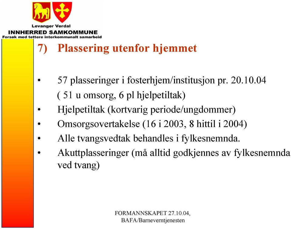 periode/ungdommer) Omsorgsovertakelse (16 i 2003, 8 hittil i 2004) Alle