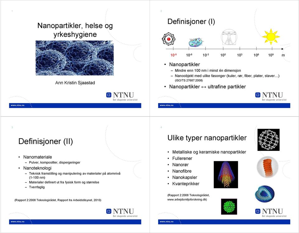 Teknisk framstilling og manipulering av materialer på atomnivå (1-100 nm) Materialer definert ut fra fysisk form og størrelse Tverrfaglig Ulike typer nanopartikler Metalliske og keramiske