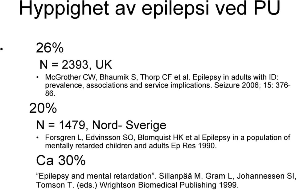 20% N = 1479, Nord- Sverige Forsgren L, Edvinsson SO, Blomquist HK et al Epilepsy in a population of mentally retarded