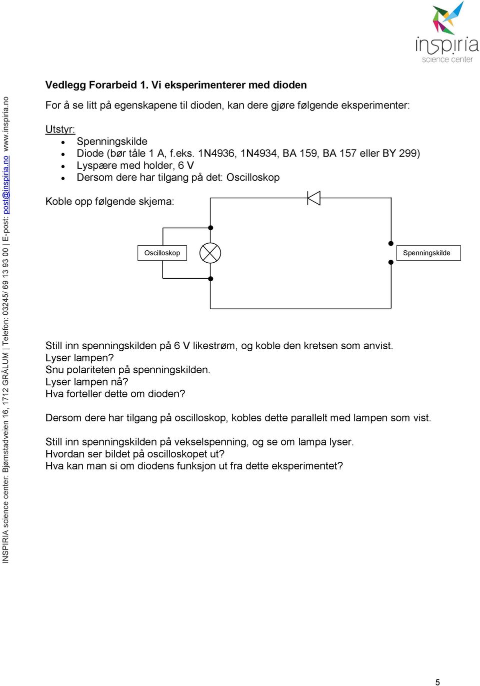 erimenter: Utstyr: Spenningskilde Diode (bør tåle 1 A, f.eks.