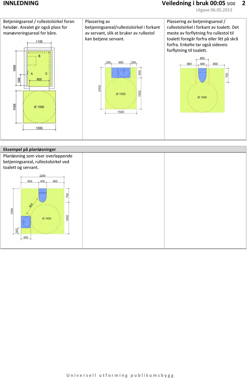 Plassering av betjeningsareal/rullestolsirkel i forkant av servant, slik at bruker av rullestol kan betjene servant.