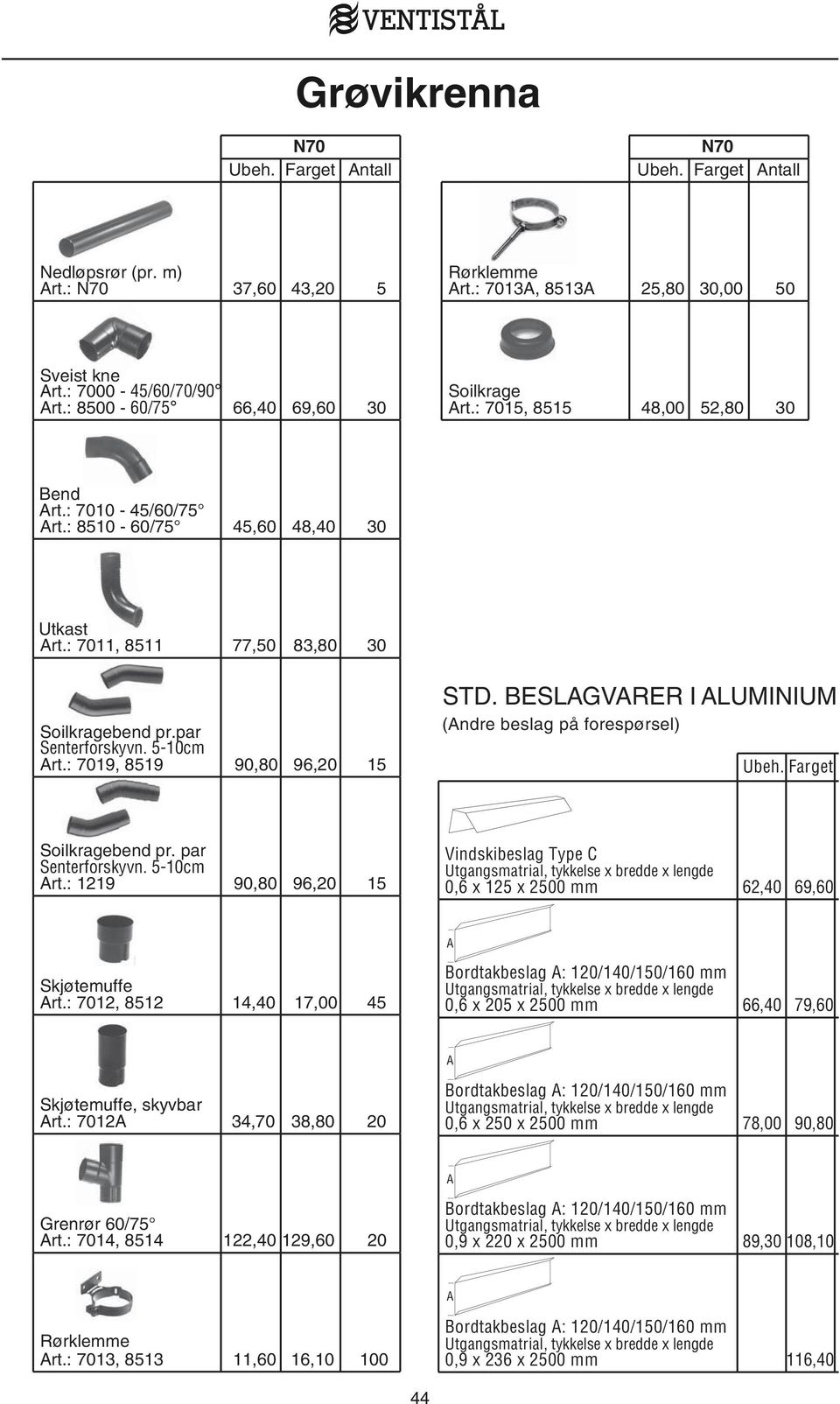 : 7019, 8519 90,80 96,20 15 STD. BESLAGVARER I ALUMINIUM (Andre beslag på forespørsel) Ubeh. Farget Soilkragebend pr. par Senterforskyvn. 5-10cm Art.