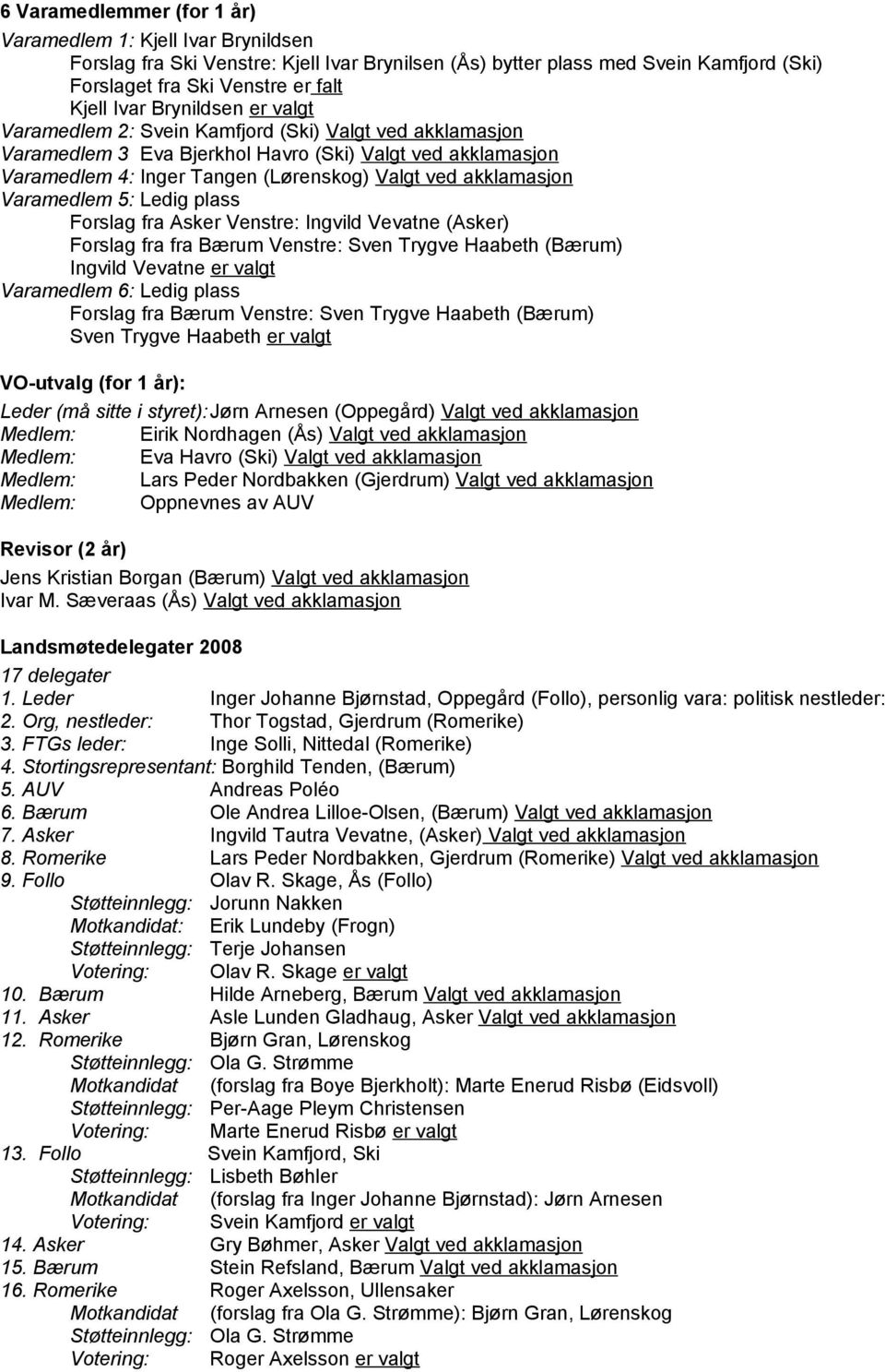 Varamedlem 5: Ledig plass Forslag fra Asker Venstre: Ingvild Vevatne (Asker) Forslag fra fra Bærum Venstre: Sven Trygve Haabeth (Bærum) Ingvild Vevatne er valgt Varamedlem 6: Ledig plass Forslag fra
