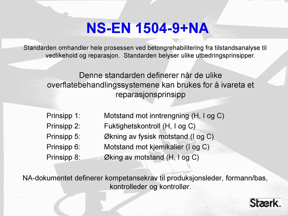 Denne standarden definerer når de ulike overflatebehandlingssystemene kan brukes for å ivareta et reparasjonsprinsipp Prinsipp 1: Motstand mot inntrengning