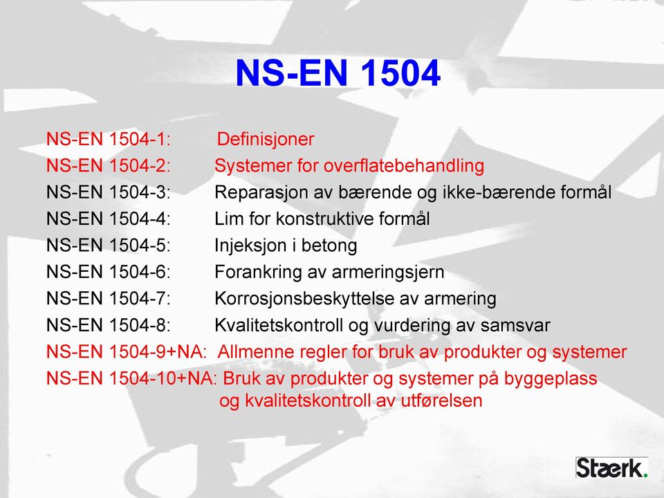 betong Forankring av armeringsjern Korrosjonsbeskyttelse av armering Kvalitetskontroll og vurdering av samsvar NS-EN 1504-9+NA: