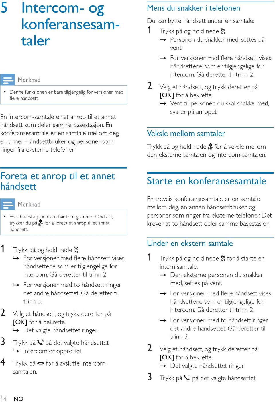 Foreta et anrop til et annet håndsett Hvis basestasjonen kun har to registrerte håndsett, trykker du på for å foreta et anrop til et annet håndsett. 1 Trykk på og hold nede.