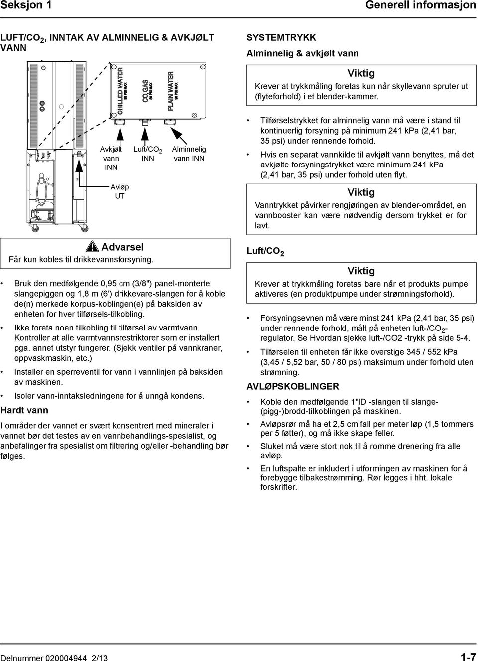 Avkjølt vann INN Avløp UT Luft/CO 2 INN Alminnelig vann INN Tilførselstrykket for alminnelig vann må være i stand til kontinuerlig forsyning på minimum 241 kpa (2,41 bar, 35 psi) under rennende