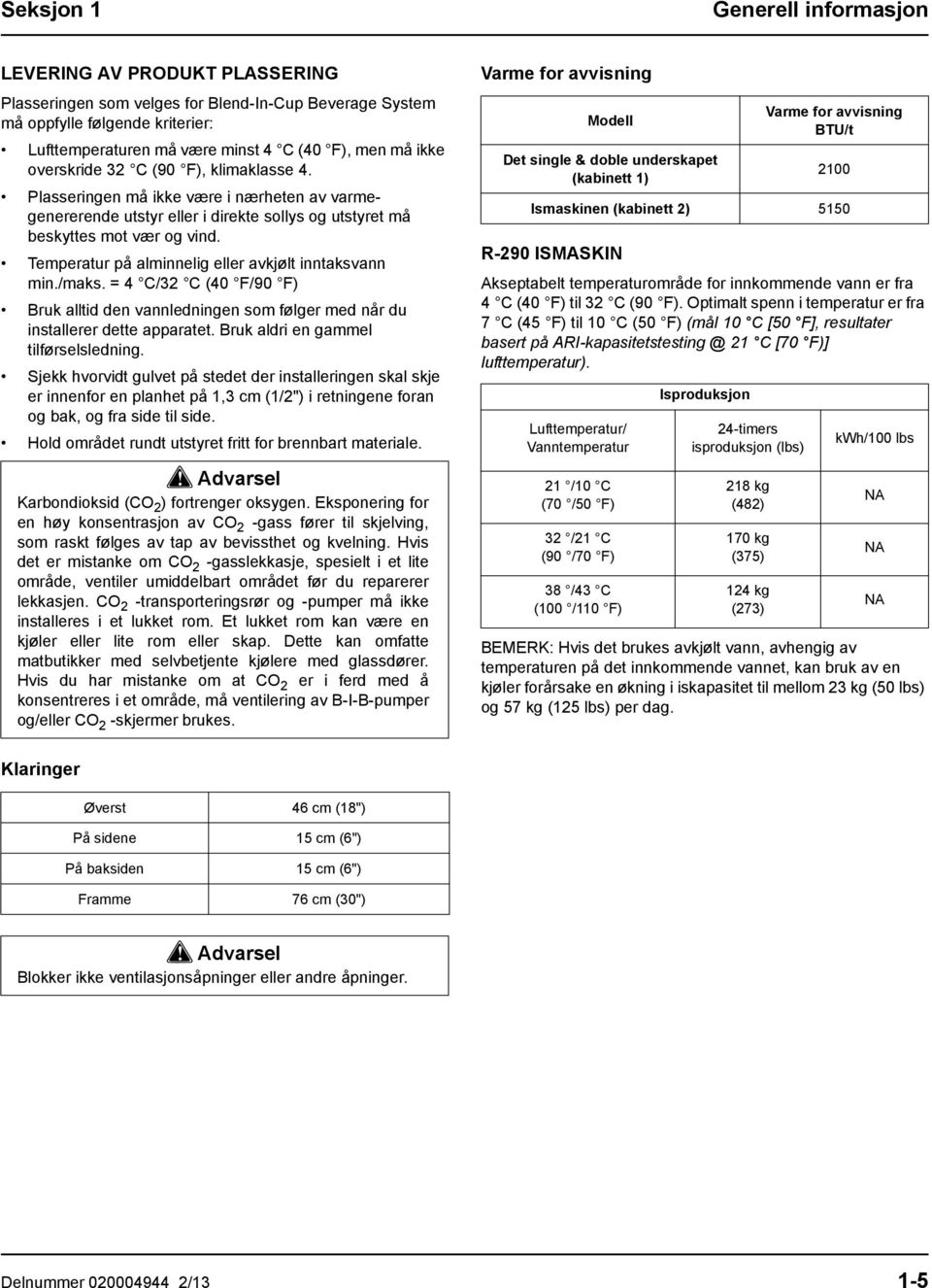 Temperatur på alminnelig eller avkjølt inntaksvann min./maks. = 4 C/32 C (40 F/90 F) Bruk alltid den vannledningen som følger med når du installerer dette apparatet.