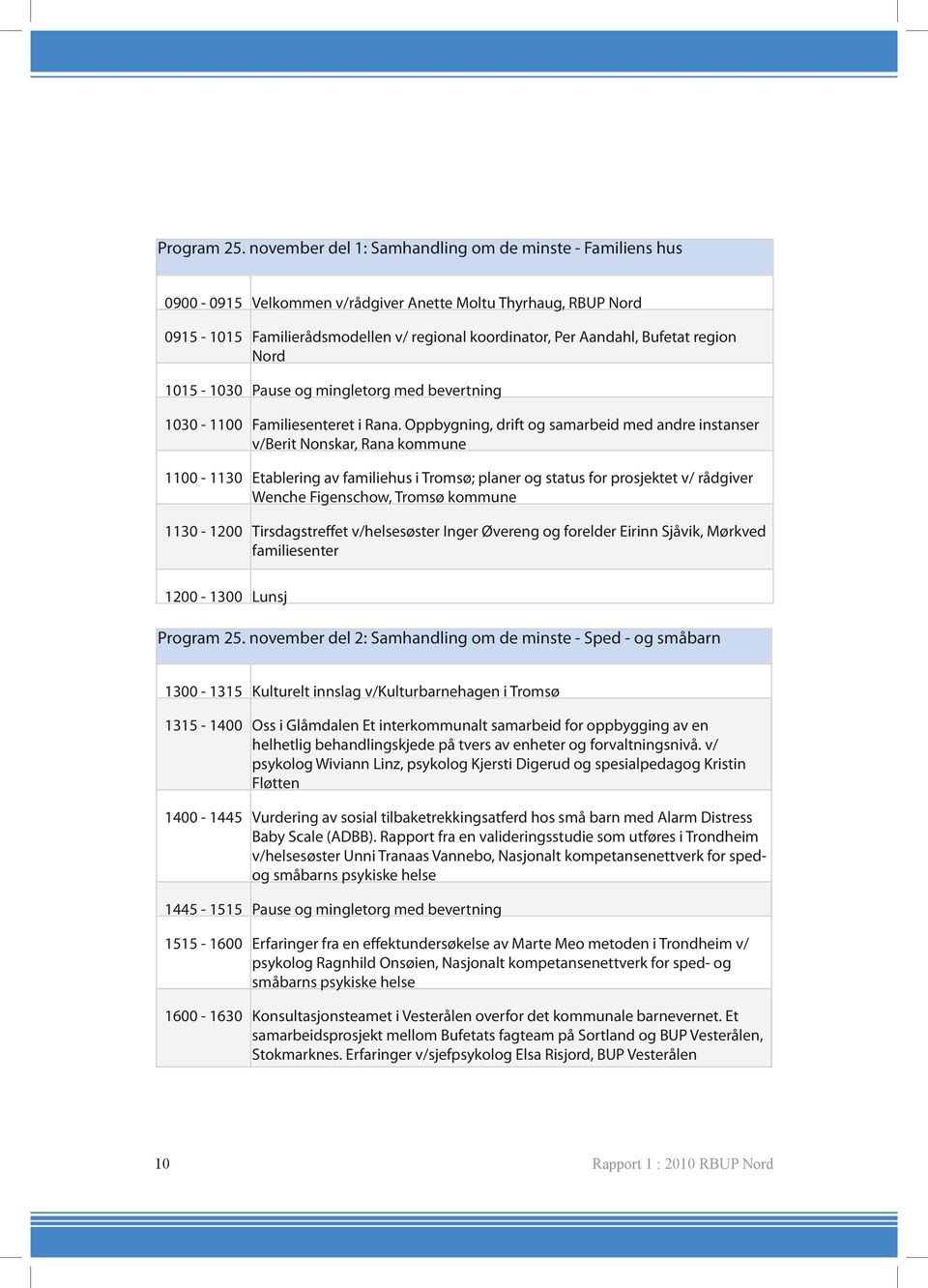 region Nord 1015-1030 Pause og mingletorg med bevertning 1030-1100 Familiesenteret i Rana.