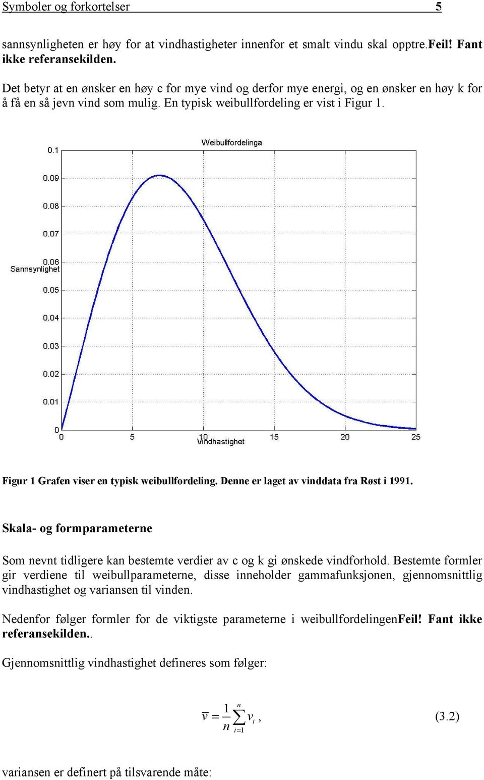 Figur 1 Grafen viser en typisk weibullfordeling. Denne er laget av vinddata fra Røst i 1991. Skala- og formparameterne Som nevnt tidligere kan bestemte verdier av c og k gi ønskede vindforhold.