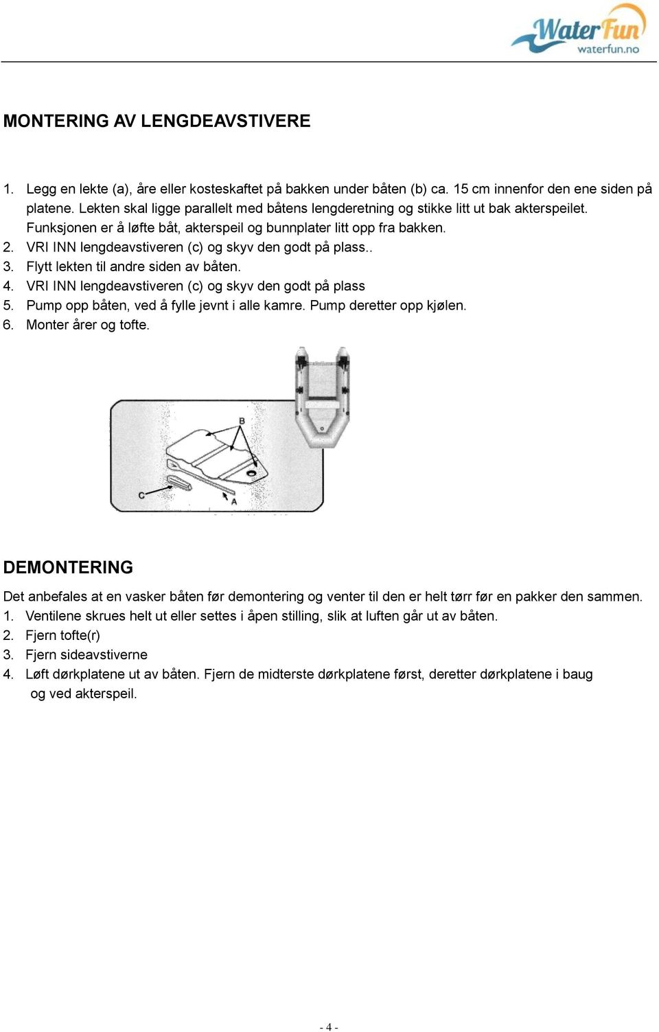 VRI INN lengdeavstiveren (c) og skyv den godt på plass.. 3. Flytt lekten til andre siden av båten. 4. VRI INN lengdeavstiveren (c) og skyv den godt på plass 5.