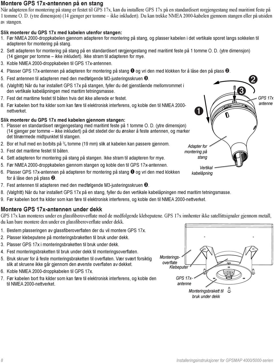 Før NMEA 2000-droppkabelen gjennom adapteren for montering på stang, og plasser kabelen i det vertikale sporet langs sokkelen til adapteren for montering på stang. 2. Sett adapteren for montering på stang på en standardisert rørgjengestang med maritimt feste på 1 tomme O.