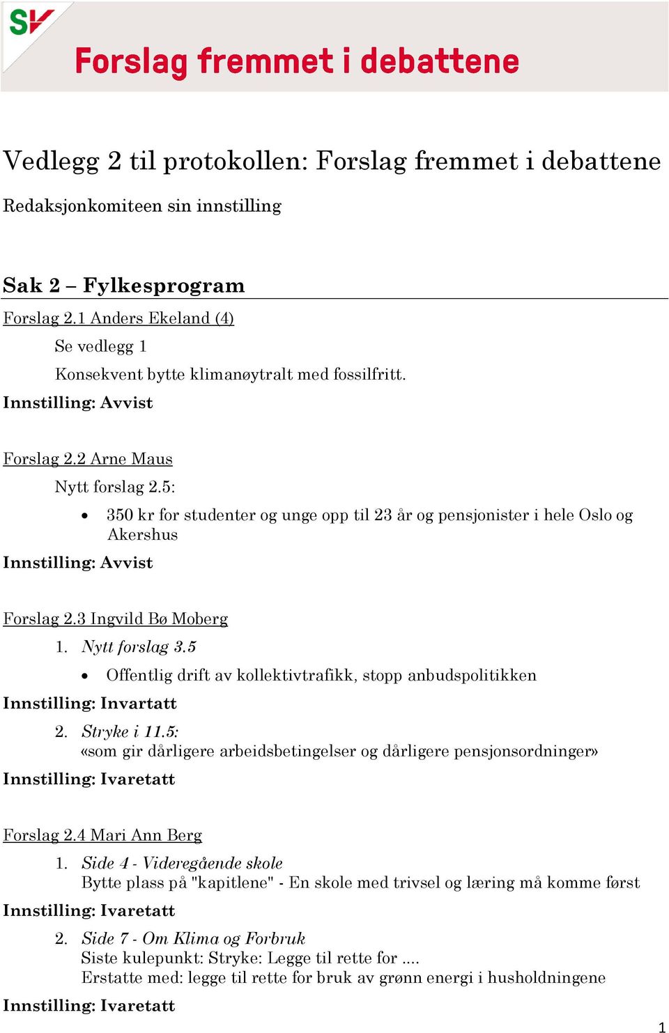 5 Innstilling: Invartatt Offentlig drift av kollektivtrafikk, stopp anbudspolitikken 2. Stryke i 11.5: «som gir dårligere arbeidsbetingelser og dårligere pensjonsordninger» Forslag 2.