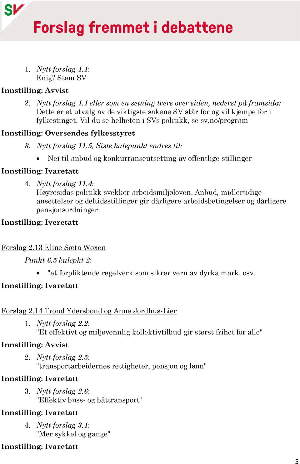 5, Siste kulepunkt endres til: Nei til anbud og konkurranseutsetting av offentlige stillinger 4. Nytt forslag 11.4: Høyresidas politikk svekker arbeidsmiljøloven.