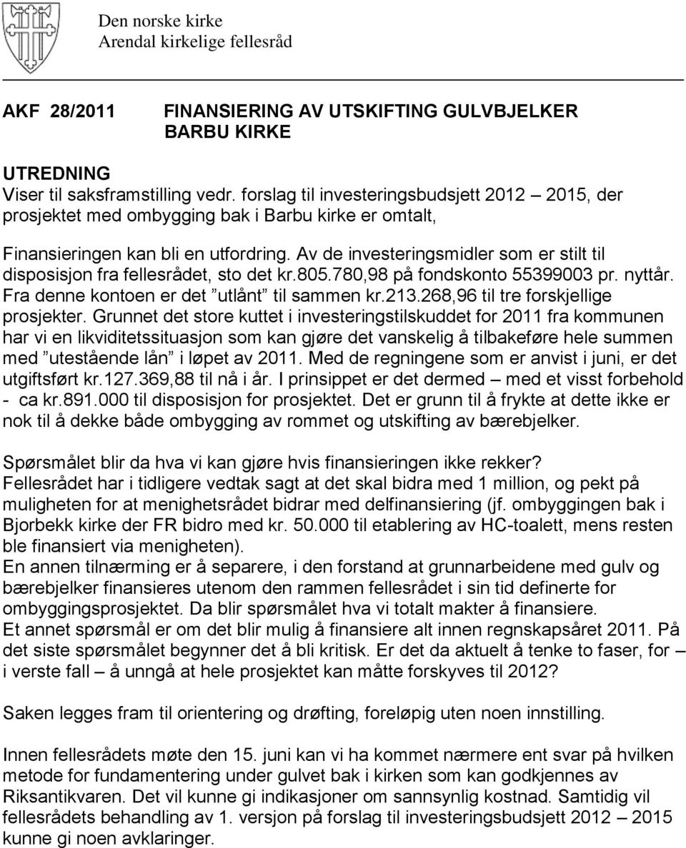 Av de investeringsmidler som er stilt til disposisjon fra fellesrådet, sto det kr.805.780,98 på fondskonto 55399003 pr. nyttår. Fra denne kontoen er det utlånt til sammen kr.213.