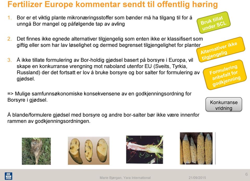 Å ikke tillate formulering av Bor-holdig gjødsel basert på borsyre i Europa, vil skape en konkurranse vrengning mot naboland utenfor EU (Sveits, Tyrkia, Russland) der det fortsatt er lov å bruke