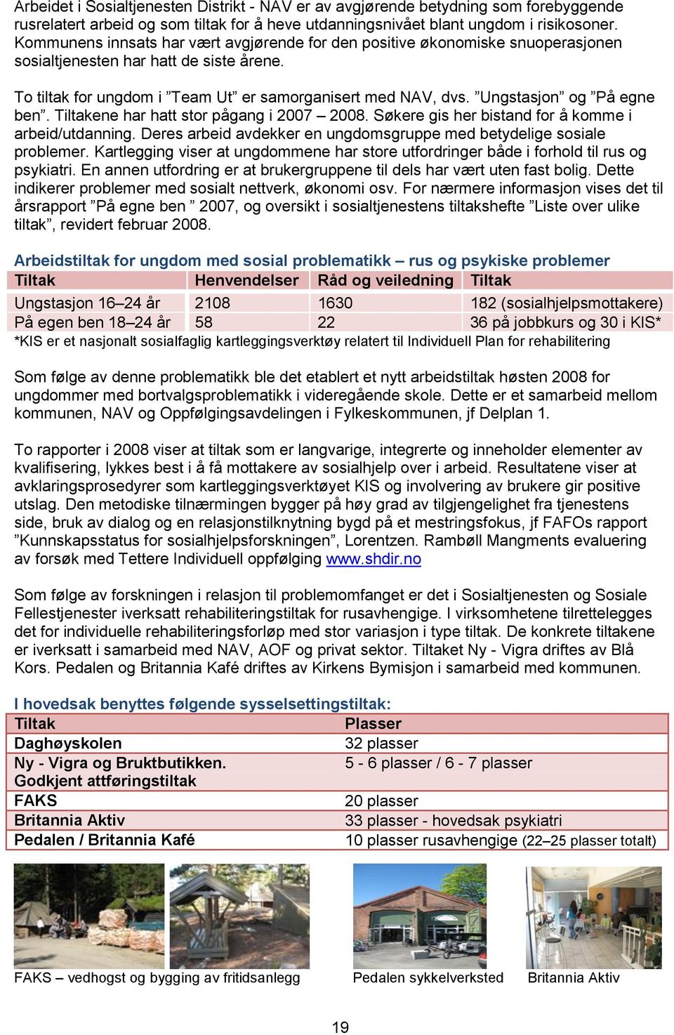 Ungstasjon og På egne ben. Tiltakene har hatt stor pågang i 2007 2008. Søkere gis her bistand for å komme i arbeid/utdanning. Deres arbeid avdekker en ungdomsgruppe med betydelige sosiale problemer.