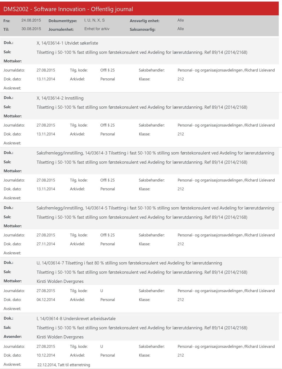 2014 Personal Saksfremlegg/innstilling, 14/03614-3 Tilsetting i fast 50-100 % stilling som førstekonsulent ved Avdeling for lærerutdanning Tilsetting i 50-100 % fast stilling som førstekonsulent ved