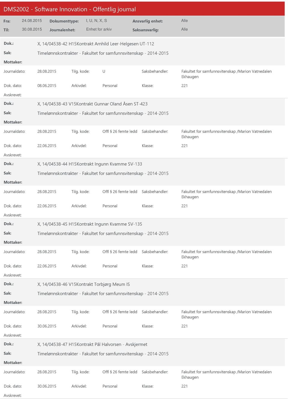 2015 Personal 221 X, 14/04538-43 V15Kontrakt Gunnar Oland Åsen ST-423 Timelønnskontrakter - Fakultet for samfunnsvitenskap - 2014-2015 Journaldato: 28.08.2015 Tilg.