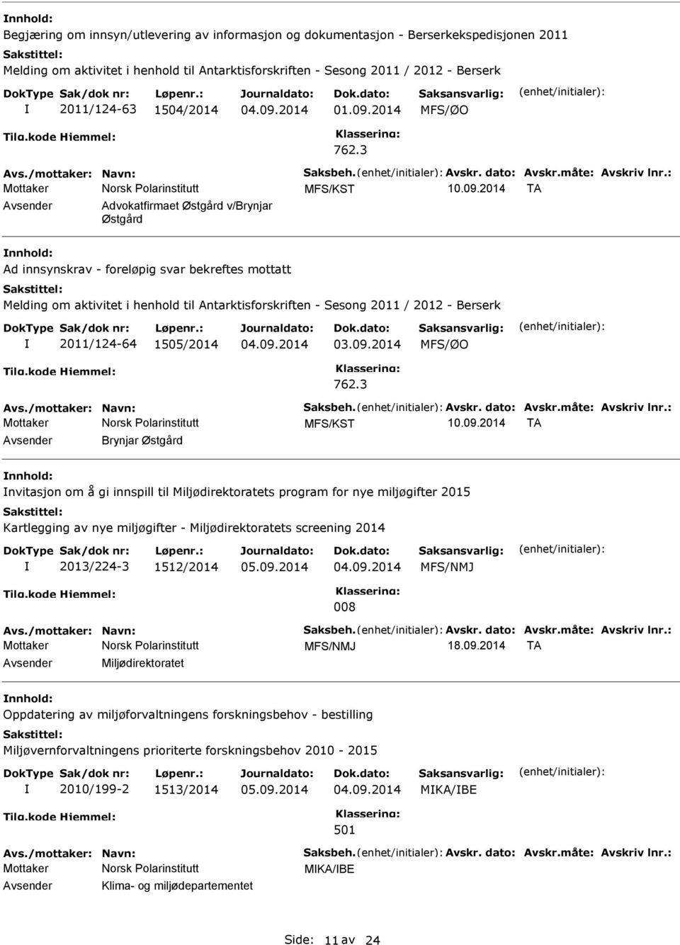 : MFS/KST TA Advokatfirmaet Østgård v/brynjar Østgård Ad innsynskrav - foreløpig svar bekreftes mottatt Melding om aktivitet i henhold til Antarktisforskriften - Sesong 2011 / 2012 - Berserk