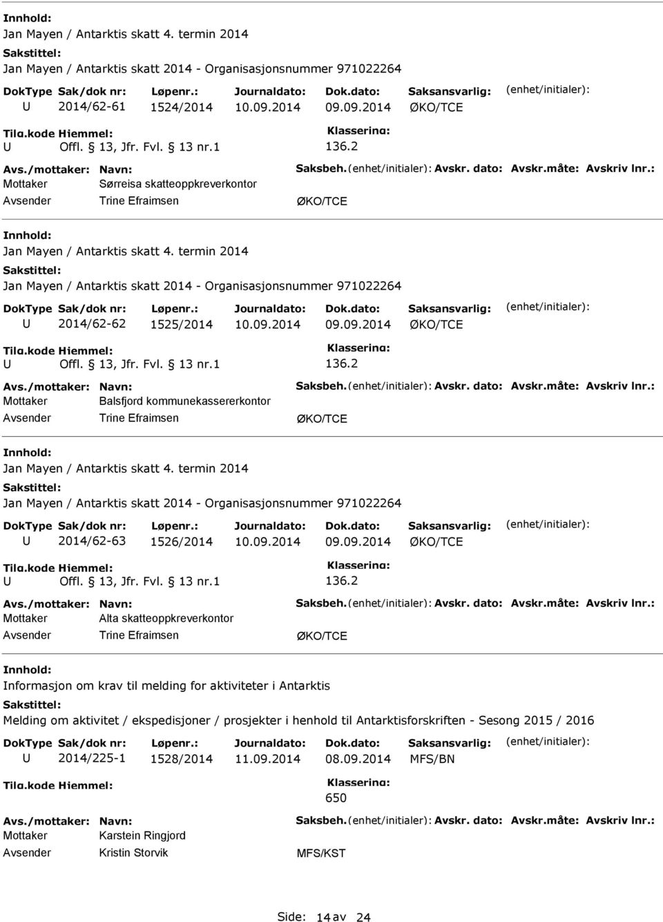 termin 2014 Jan Mayen / Antarktis skatt 2014 - Organisasjonsnummer 971022264 2014/62-62 1525/2014 09.09.2014 136.2 Avs./mottaker: Navn: Saksbeh. Avskr. dato: Avskr.måte: Avskriv lnr.