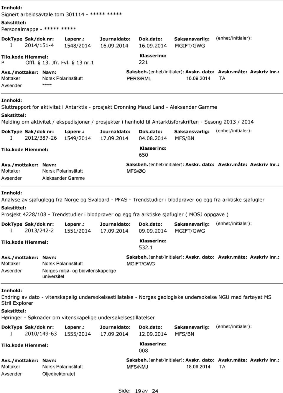 2013 / 2014 2012/387-26 1549/2014 17.09.2014 04.08.2014 650 Avs./mottaker: Navn: Saksbeh. Avskr. dato: Avskr.måte: Avskriv lnr.