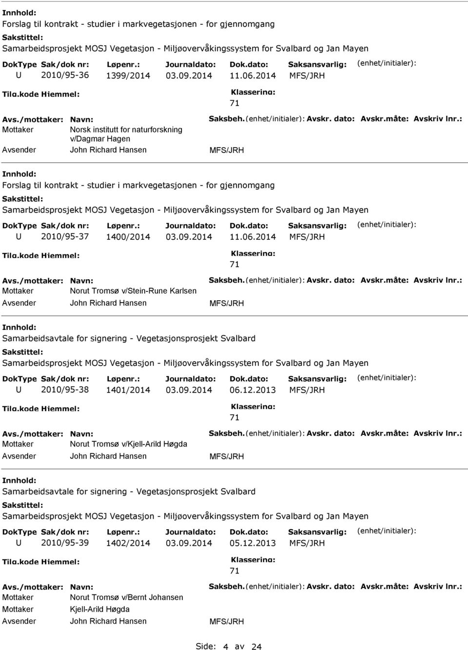 : Mottaker Norsk institutt for naturforskning v/dagmar Hagen John Richard Hansen Forslag til kontrakt - studier i markvegetasjonen - for gjennomgang Samarbeidsprosjekt MOSJ Vegetasjon -