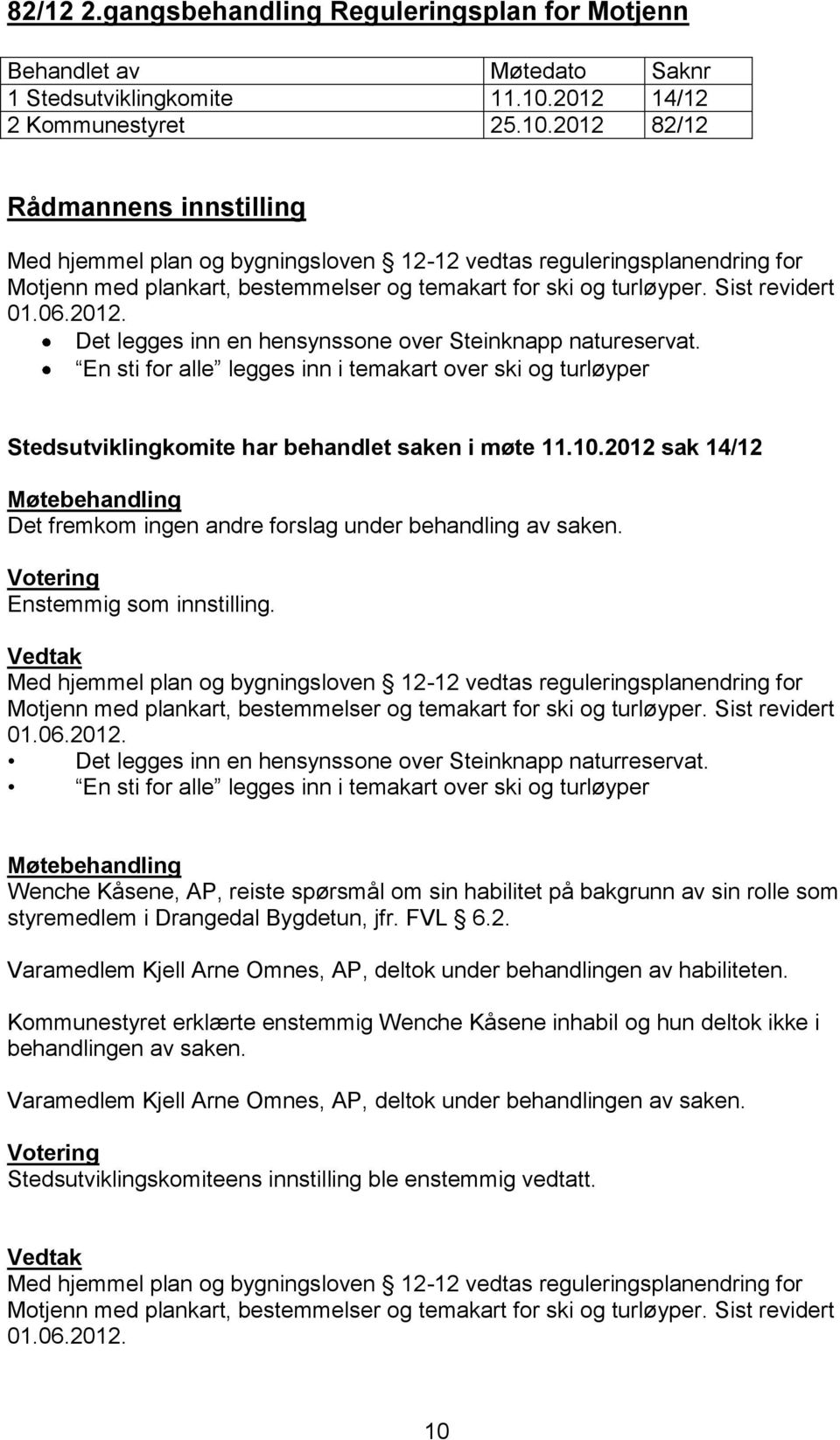 2012 82/12 Rådmannens innstilling Med hjemmel plan og bygningsloven 12-12 vedtas reguleringsplanendring for Motjenn med plankart, bestemmelser og temakart for ski og turløyper. Sist revidert 01.06.