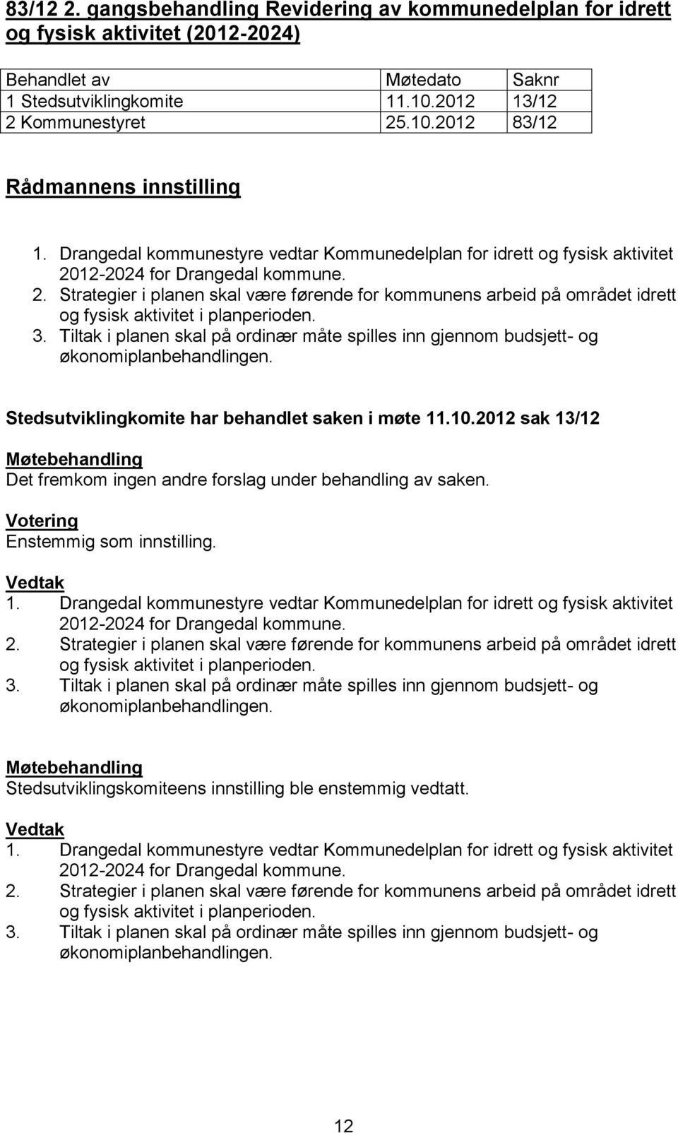 3. Tiltak i planen skal på ordinær måte spilles inn gjennom budsjett- og økonomiplanbehandlingen. Stedsutviklingkomite har behandlet saken i møte 11.10.