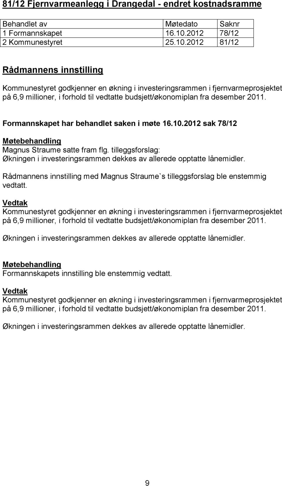 2012 81/12 Rådmannens innstilling Kommunestyret godkjenner en økning i investeringsrammen i fjernvarmeprosjektet på 6,9 millioner, i forhold til vedtatte budsjett/økonomiplan fra desember 2011.