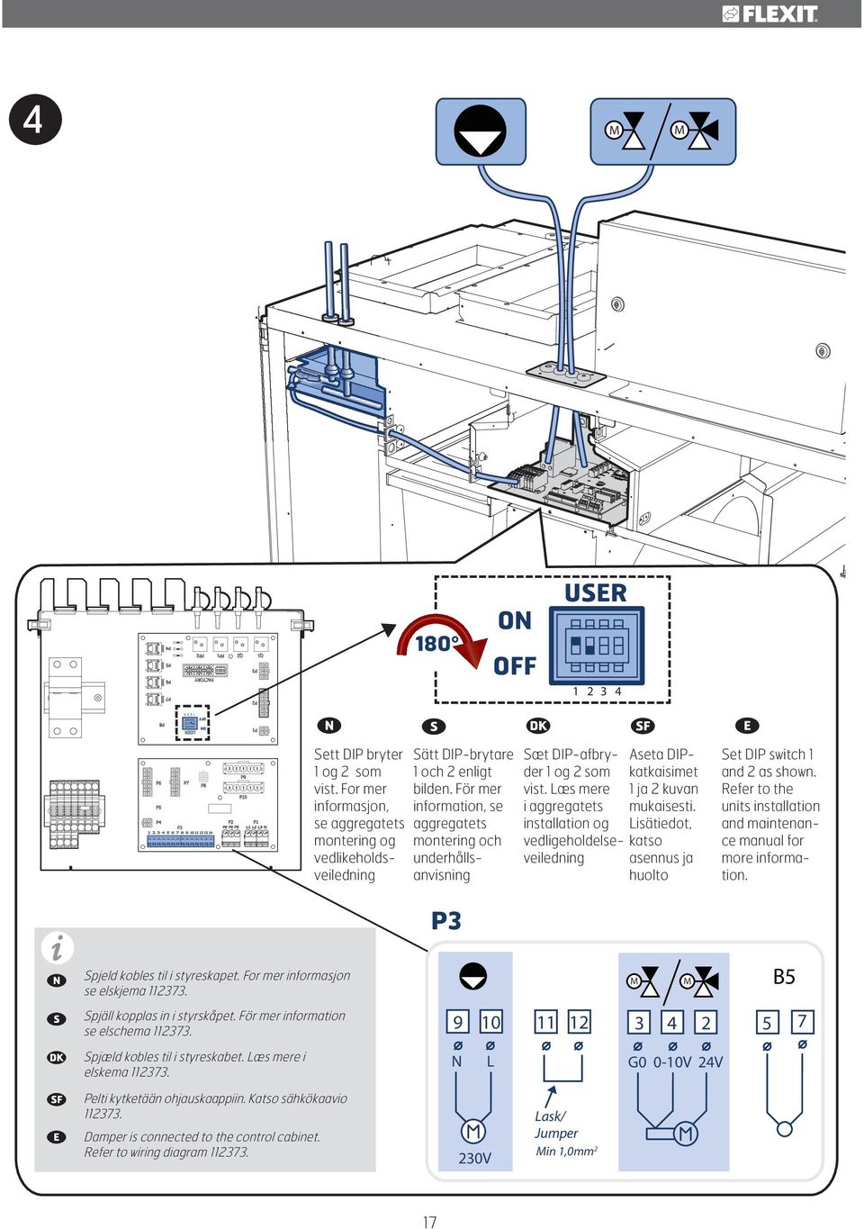 installation og Lisätiedot, vedligeholdelseveiledning asennus ja katso huolto Set DIP switch and 2 as shown. Refer to the units installation and maintenance manual for more information.